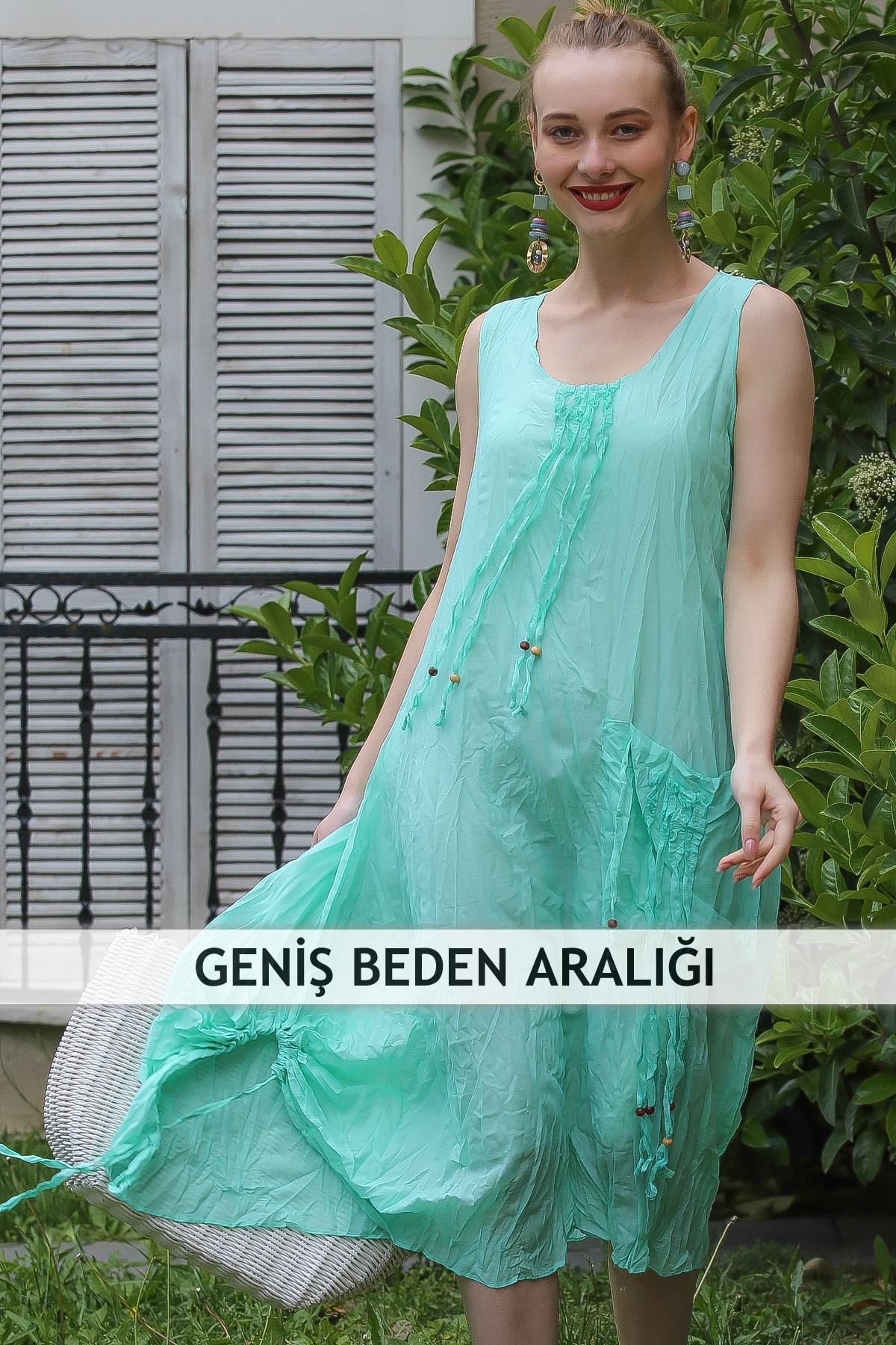 Chiccy Kadın Yeşil Bohem Dev Cep Detaylı Yanı Büzgülü Astarlı Elbise M10160000El96802