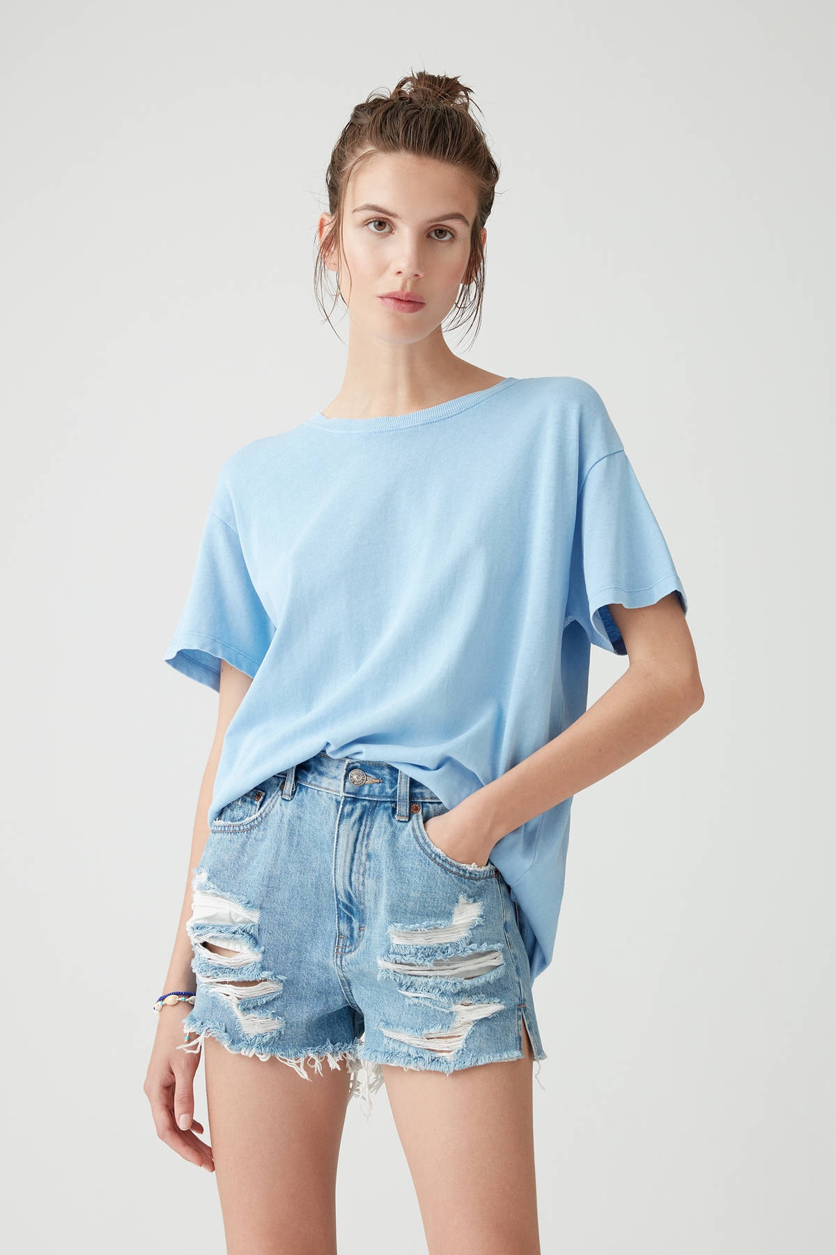 Pull & Bear Kadın Lavanta Soluk Efektli Basic Oversize T-Shirt 05236365