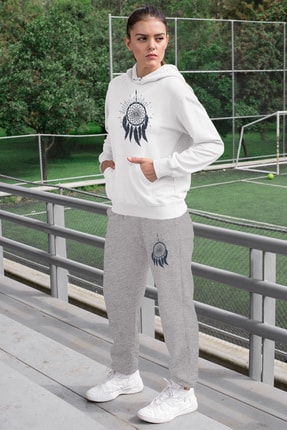 Angemiel Wear Tüylü Küpe Kadın Eşofman Takımı Beyaz Kapşonlu Sweatshirt Gri Eşofman Altı