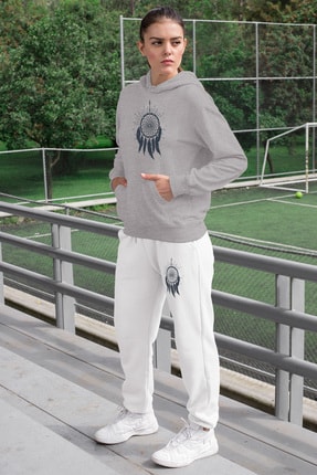 Angemiel Wear Tüylü Küpe Kadın Eşofman Takımı Gri Kapşonlu Sweatshirt Beyaz Eşofman Altı