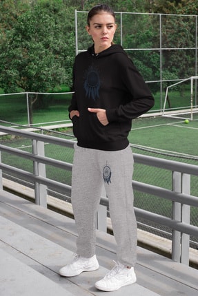 Angemiel Wear Tüylü Küpe Kadın Eşofman Takımı Siyah Kapşonlu Sweatshirt Gri Eşofman Altı