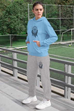 Angemiel Wear Tüylü Küpe Kadın Eşofman Takımı Mavi Kapşonlu Sweatshirt Gri Eşofman Altı