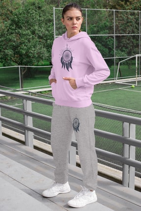 Angemiel Wear Tüylü Küpe Kadın Eşofman Takımı Pembe Kapşonlu Sweatshirt Gri Eşofman Altı