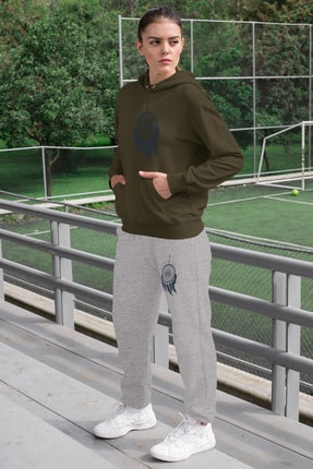 Angemiel Wear Tüylü Küpe Kadın Eşofman Takımı Yeşil Kapşonlu Sweatshirt Gri Eşofman Altı