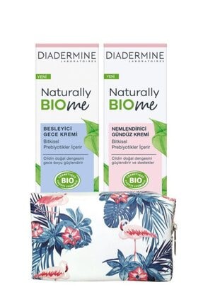 Diadermine Naturally Bio Me Nemlendirici Gündüz Kremi + Besleyici Gece Kremi + Çiçekli Makyaj Çanta