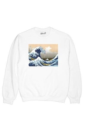Köstebek Unisex Beyaz Great Wave Off The Coast Of Kanagawa By Katsushika Hokusai Uzun Kollu Sweatshirt