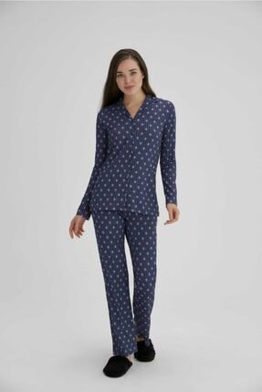 Eros Esk27692 Kadın Lacivert Çiçekli Gömlek Uzun Kol Pijama Takım