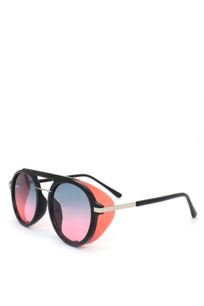 Hane14 Ava Retro Steampunk Pembe Degrade Camlı Yuvarlak Unisex Güneş Gözlüğü Pembe Siyah