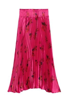 Banana Republic Kadın Pembe Çiçek Desenli Saten Midi Etek 585989