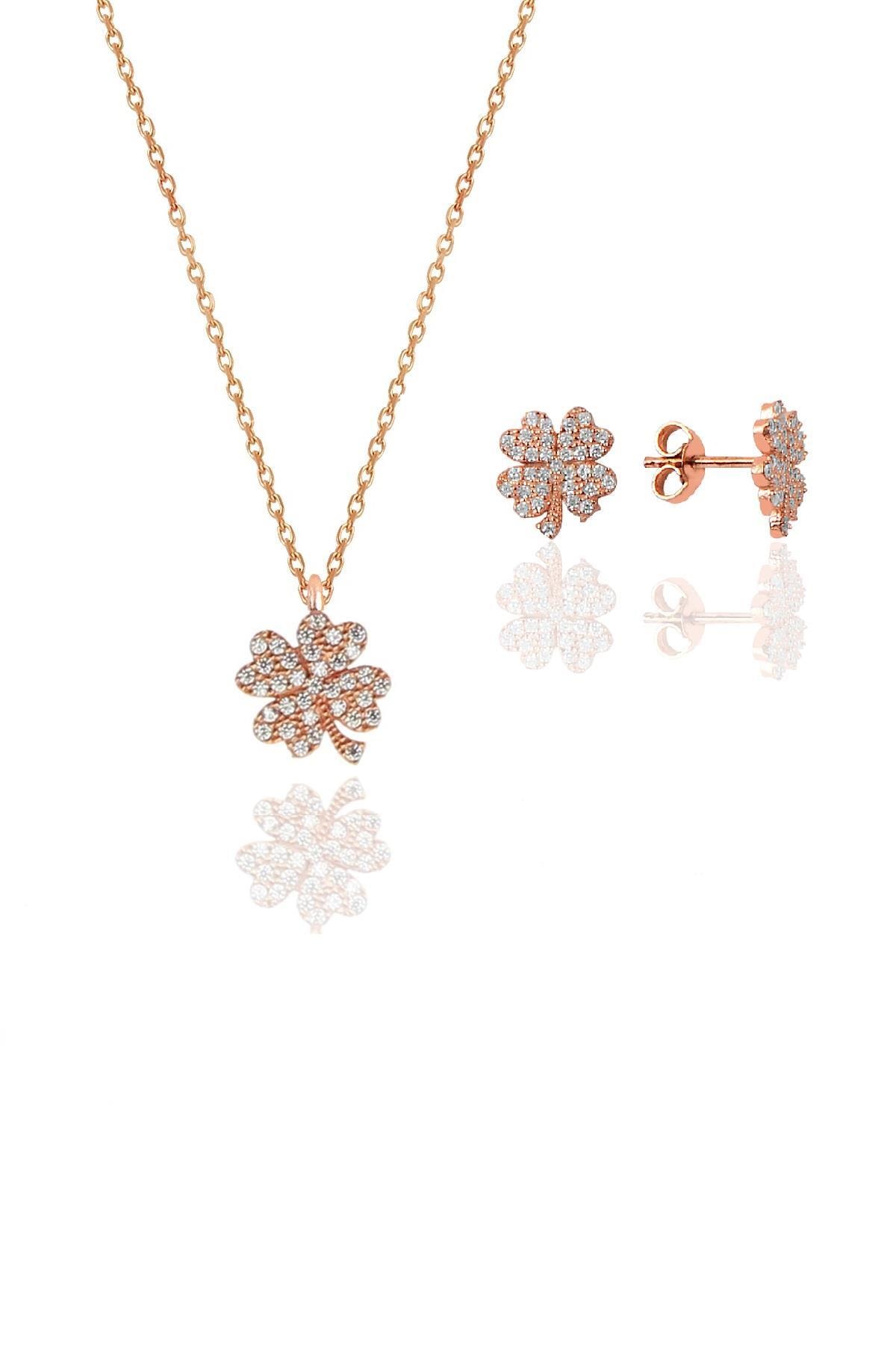Söğütlü Silver Gümüş rose zirkon taşlı yonca kolye ve küpe gümüş ikili set