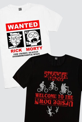 Rock & Roll34 Kadın Siyah Bisikletli Stranger Things, Beyaz Aranıyor 2'li Eko Ekran Paket T-shirt