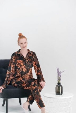 Arnetta Kadın Spring Flowers Siyah Kadife Gömlek Pijama Takımı 386