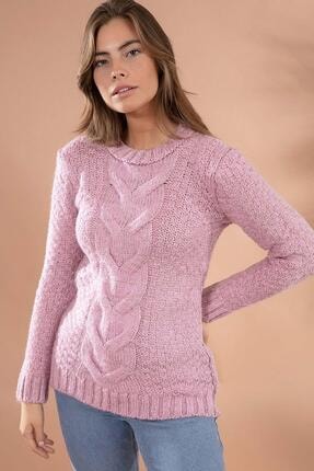 Y-London Kadın Pembe Saç Örgü Detaylı Yuvarlak Yaka Triko Kazak 5620 Y19W143-5620