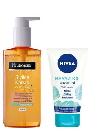 Neutrogena Sivilce Karşıtı Yüz Temizleme Jeli 200 Ml & Nivea Beyaz Kil Maskesi 3'ü1 Arada Maske150 Ml