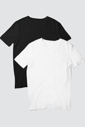 Rock & Roll34 Kadın Siyah, Beyaz Düz V Yaka 2'li Eko Paket T-shirt