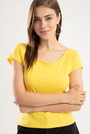 Y-London Kadın Sarı Geniş Yaka Kısa Kollu T-Shirt Y20s126-10534