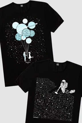 Rock & Roll34 Kadın Siyah Balon Gezegenler, Siyah Süpürgeli Astrontot 2'li Eko Paket T-shirt