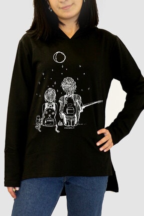 Rock & Roll34 Kadın Siyah Romans Arkası Uzun Yanları Yırtmaçlı Kapşonlu Sweatshirt