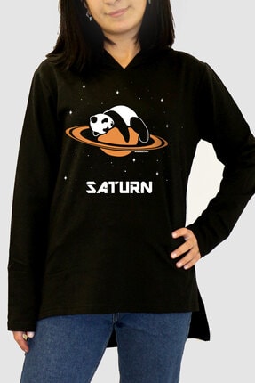 Rock & Roll34 Kadın Siyah Satürnde Panda Arkası Uzun Yanları Yırtmaçlı Kapüşonlu Sweatshirt