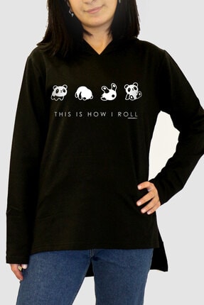 Rock & Roll34 Kadın Siyah Panda Taklası Arkası Uzun Yanları Yırtmaçlı Kapşonlu Sweatshirt