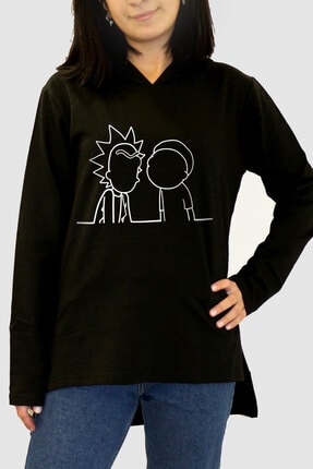 Rock & Roll34 Kadın Siyah Çizgi Dizi Arkası Uzun Yanları Yırtmaçlı Kapşonlu Sweatshirt
