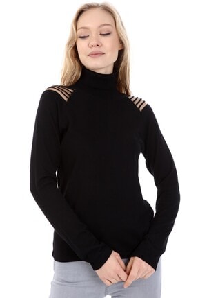 Home Store Kadın Siyah Triko Balıkçı Yaka Reglan Kol Örgülü Saydam Kazak