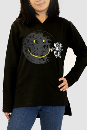 Rock & Roll34 Kadın Siyah Grafitici Astronot Arkası Uzun Yanları Yırtmaçlı Kapşonlu Sweatshirt