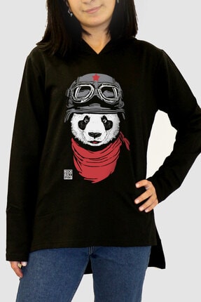Rock & Roll34 Kadın Siyah Bandanalı Panda Arkası Uzun Yanları Yırtmaçlı Kapşonlu Sweatshirt