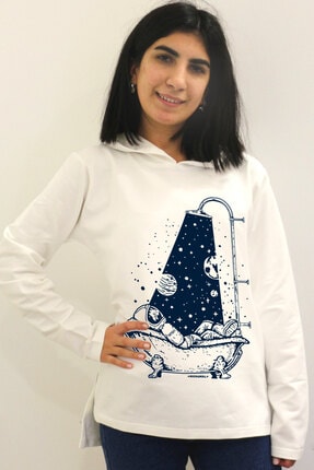 Rock & Roll34 Kadın Ekru Astro Duş Arkası Uzun Yanları Yırtmaçlı Kapşonlu Sweatshirt
