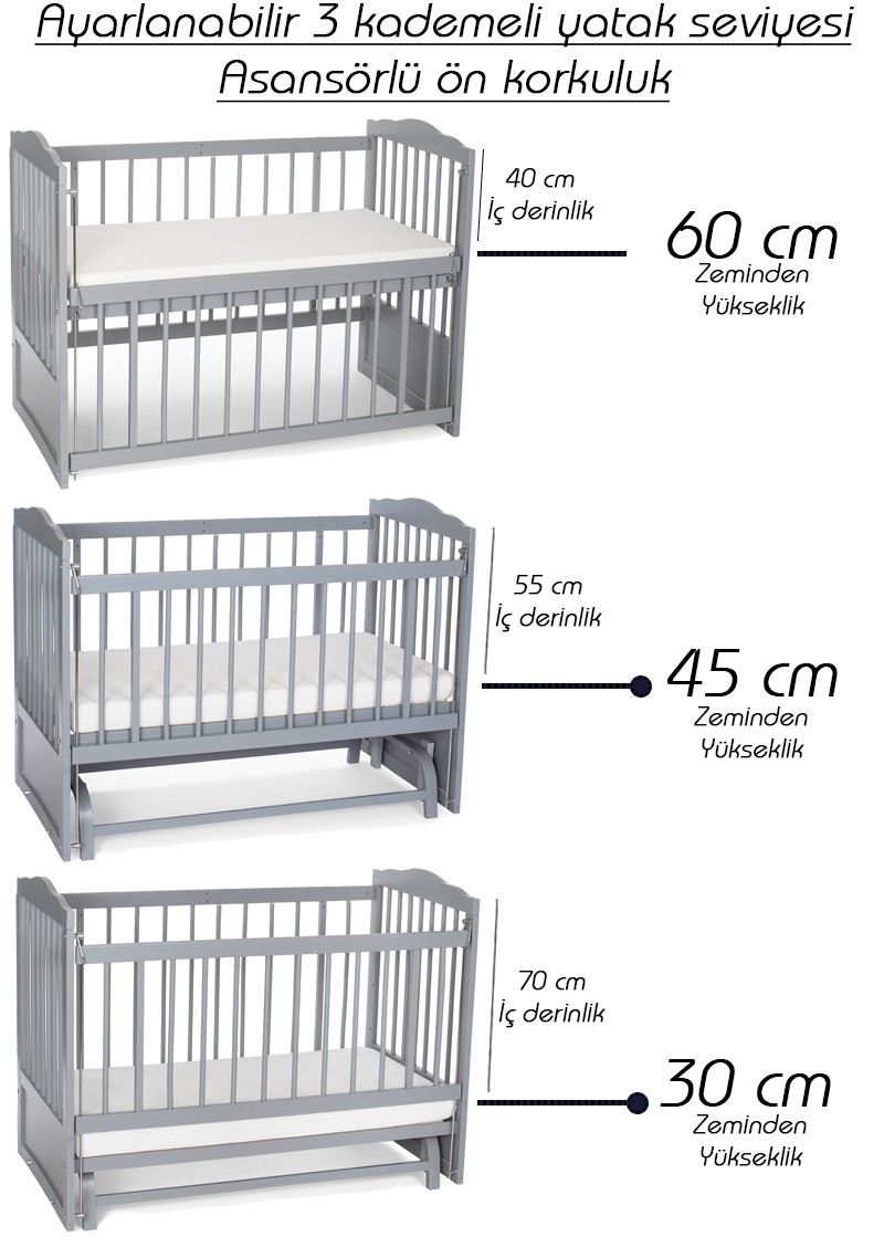Heyner Ahşap Beşik Anne Yanı Beşik Sallanır Beşik Gri 60x120 + Yatak
