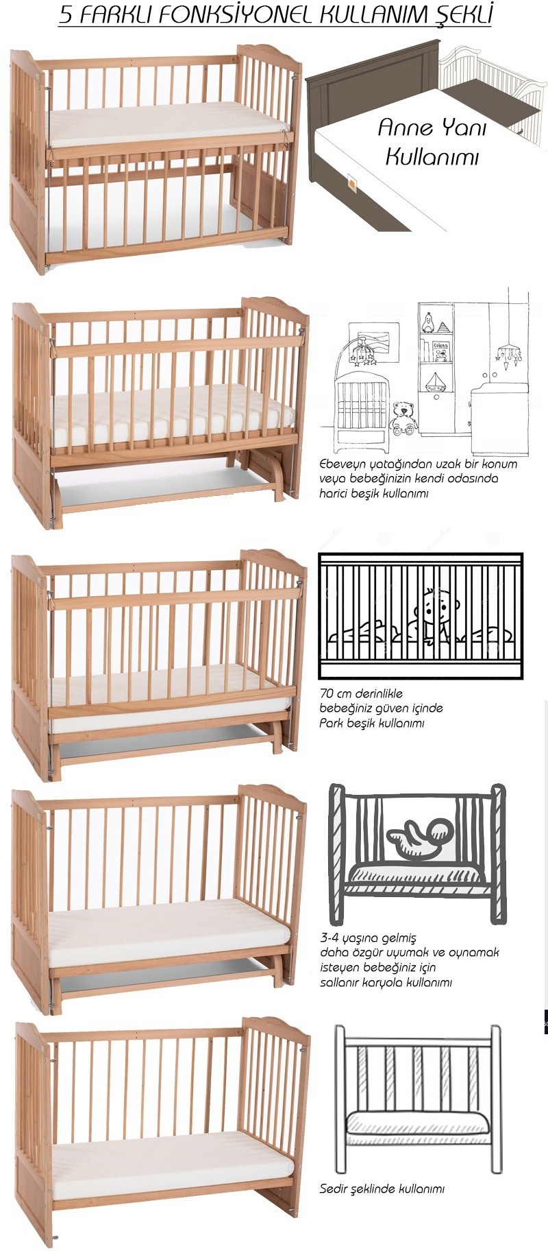 Heyner Ahşap Beşik Anne Yanı Beşik Sallanır Beşik Organik 60x120 + Sarı