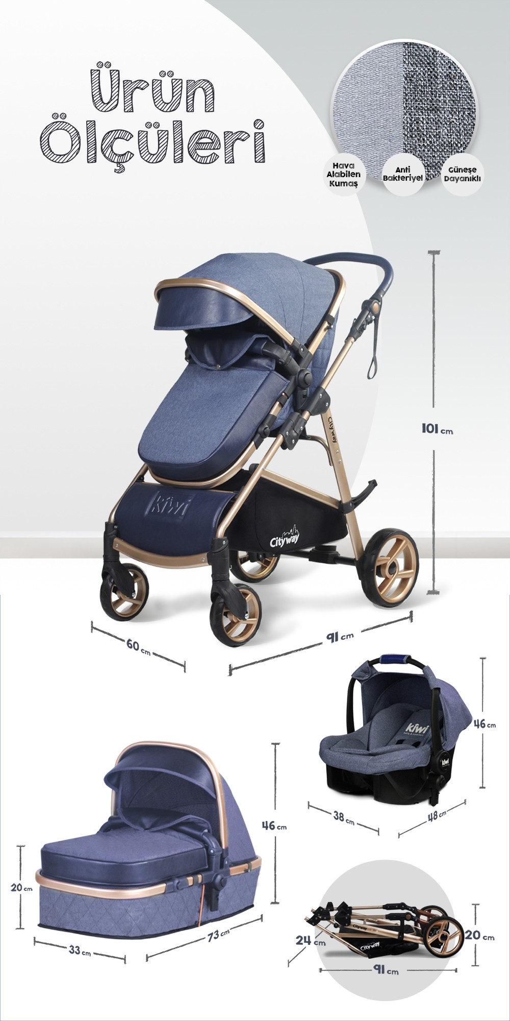 Kiwi City Way 5 in 1 Bebek Arabasi,Taşıma Koltuğu,Bakım