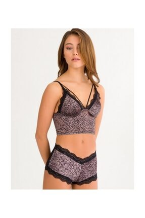 Cansoy Kadın Kadife Leopar Desenli Dolgusuz Bralet Sütyen Takımı