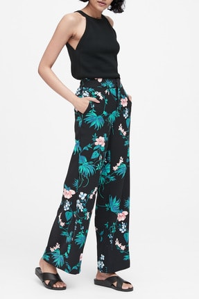 Banana Republic Kadın Siyah Desenli Yüksek Belli Wide Leg Pantolon 470238