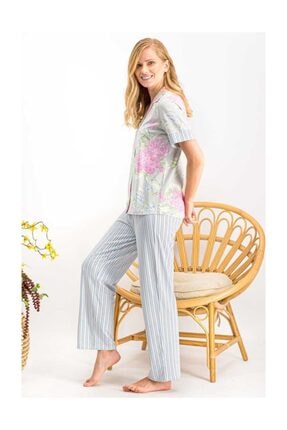 Arnetta Kadın 2'li Pijama Takımı Battal Yarım Kol Gömlek Model Çizgili Çiçek Desenli V2 2xl