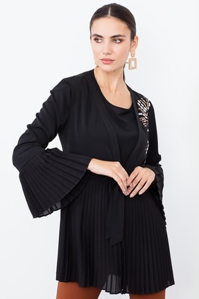 Moda İlgi Modailgi Önü Bağcıklı Piliseli Taş Detaylı Tunik Siyah