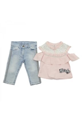 Mila Bebe Milabebe Miniesa Omuzları Dantelli Gömlek Pantolon Kız Takım 0000834-38