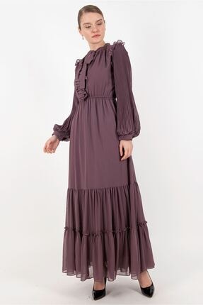 Loreen Kadın Koyu Lila Piliseli Şifon Maksi Astarlı Elbise -lrn22176