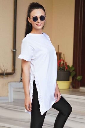 Madmext Kadın Yanları Fırfırlı Bisiklet Yaka T-shirt Beyaz Mg316