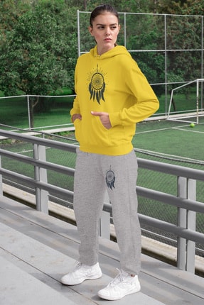 Angemiel Wear Tüylü Küpe Kadın Eşofman Takımı Sarı Kapşonlu Sweatshirt Gri Eşofman Altı