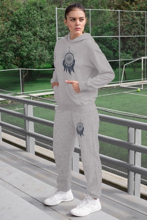 Angemiel Wear Tüylü Küpe Kadın Eşofman Takımı Gri Kapşonlu Sweatshirt Gri Eşofman Altı