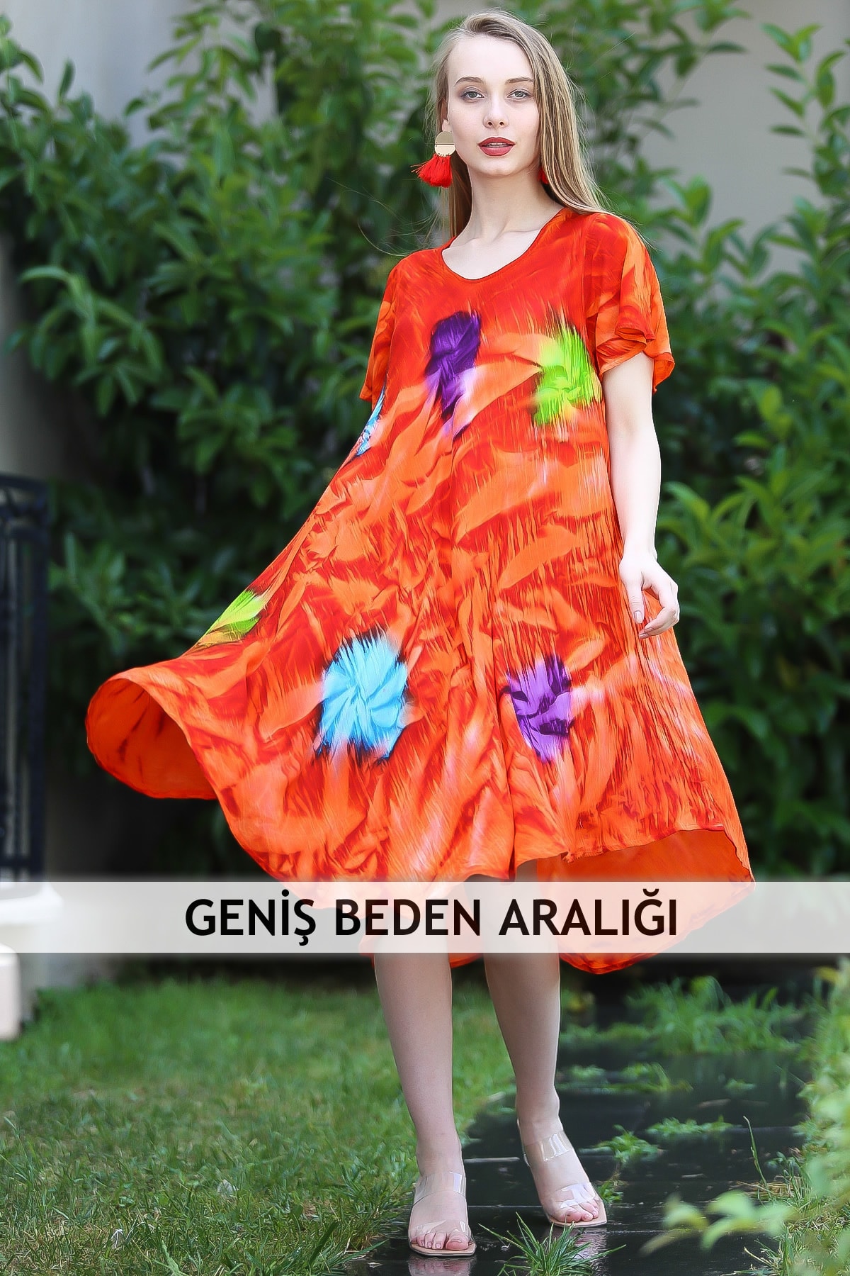 Chiccy Kadın Turuncu Bohem Batik Desenli Kloş Şile Bezi Elbise M10160000El96711