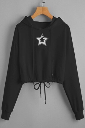 Boutiquen Psdn-k01 Yıldız Baskılı Beli Bağcıklı Kapşonlu Siyah Sweatshirt-6f