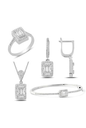 Mercan Silver Gümüş Rodyumlu Baget Taşlı Kolye Küpe Yüzük Ve Bilezik Set