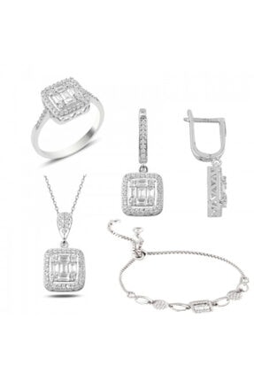 Mercan Silver Gümüş Rodyumlu Baget Taşlı Kolye Küpe Yüzük Ve Bileklik Set