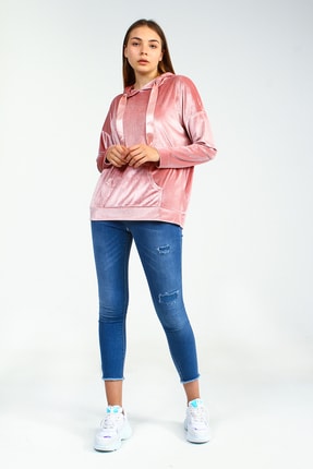 Collezione Pudra Kapişonlu Önü Cepli Uzun Kollu Kadife Kadın Sweatshirt