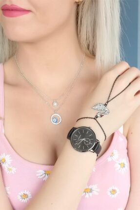 Choppers Siyah Deri Kordonlu Bayan Saat Kolye Ve Şahmeran Bileklik Seti