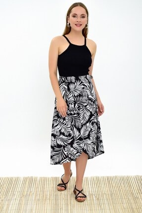 Cotton Mood 9313124 Dok.viskon Desenli Beli Bağlamalı Anvelop Etek Sıyah-ekru