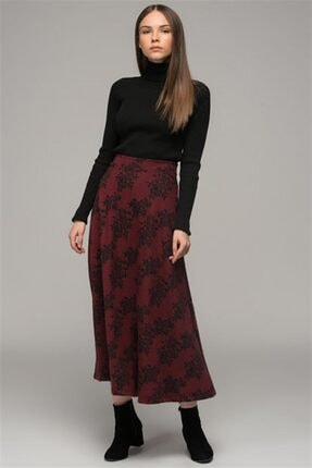 Cotton Mood 7484843 Balıksırtı Büyük Gül Desenli Ferm. Volanlı Uzun Etek Bordo
