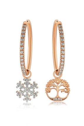 Valori Jewels Kar Tanesi Ve Hayat Ağacı, Swarovski Zirkon Taşlı, Rose Gümüş Büyük Boy Halka Charm Küpe